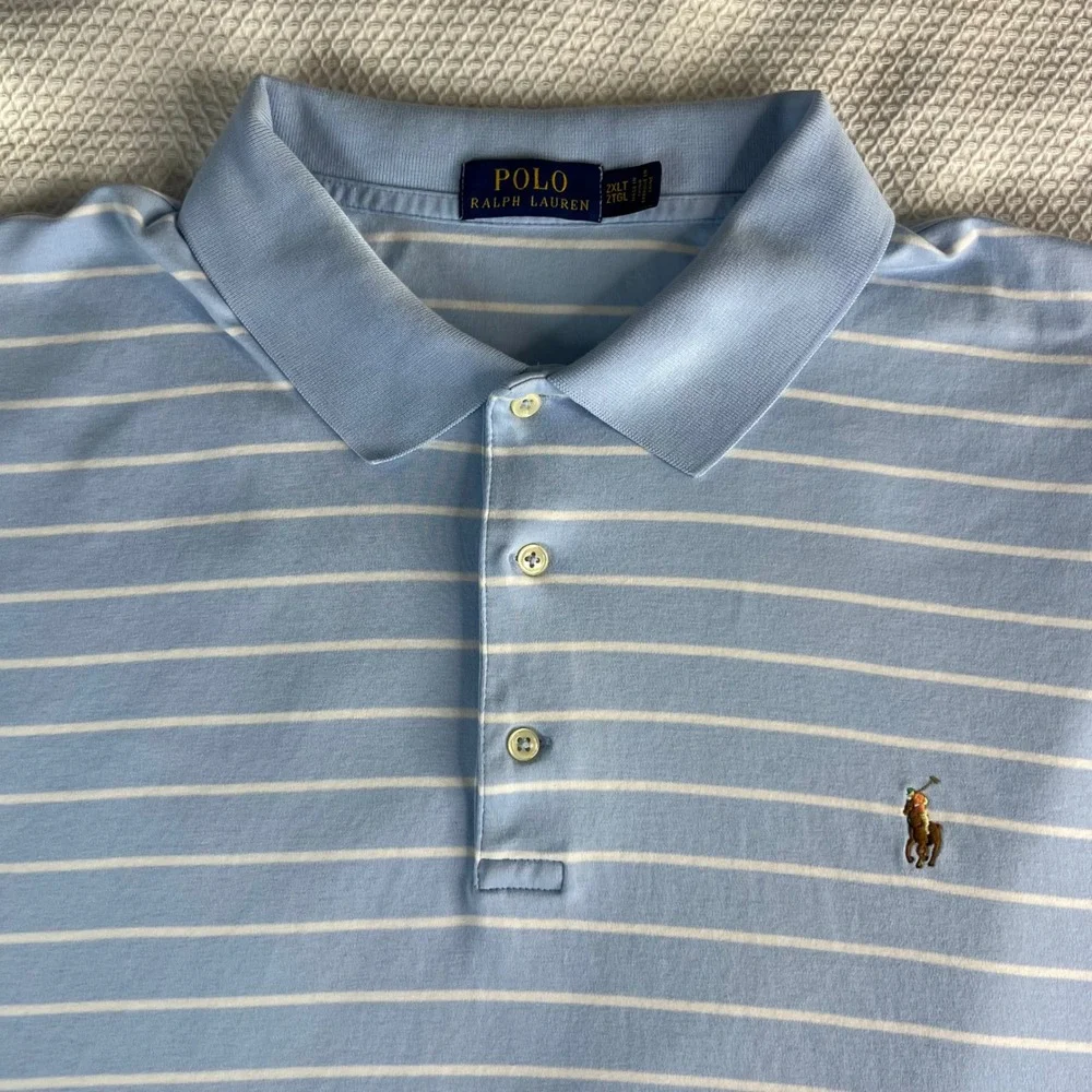 Polo Ralph Lauren Shirt Mens 2XLT Blue White Stripe ShortSleeve Embroidered Pony